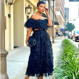 Kelsis Black Fringed Skirt Set